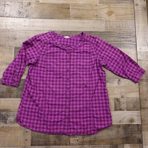 Duluth Trading Co Tops - Duluth Trading‎ Organic Cotton Plaid Button Shirt 3/4 Sleeve Women’s 2XL Purple